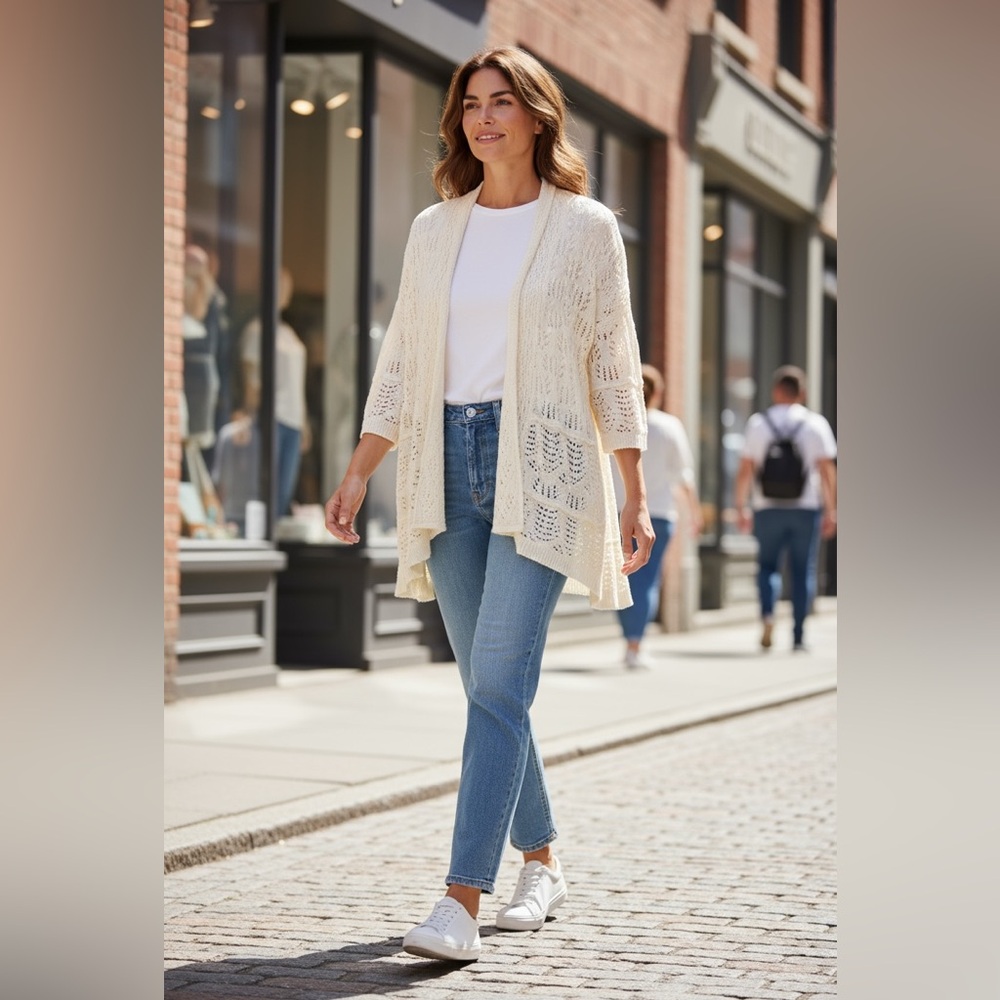 Duster Sweater Cardigan Open Knit Ivory Relax Plus 2X Boho Nautical Lagenlook